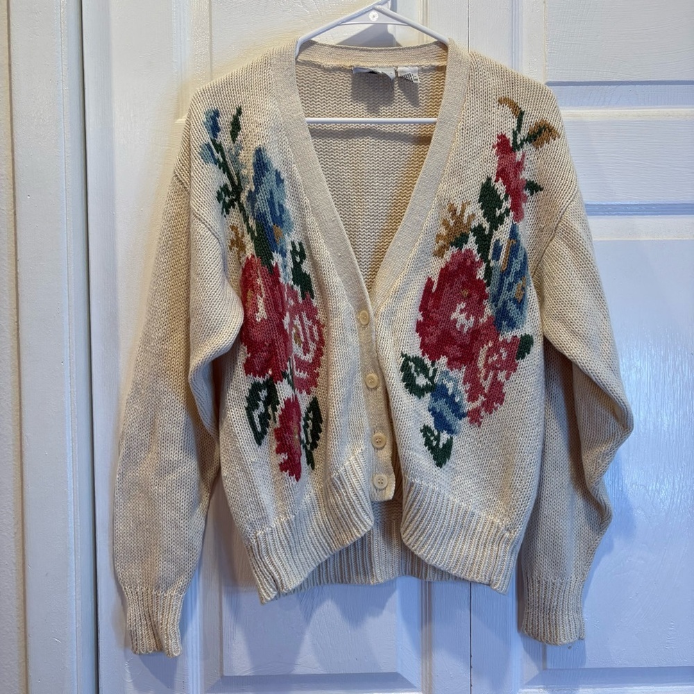 Vintage Russ Cream Floral Button Up Cardigan - Size Small